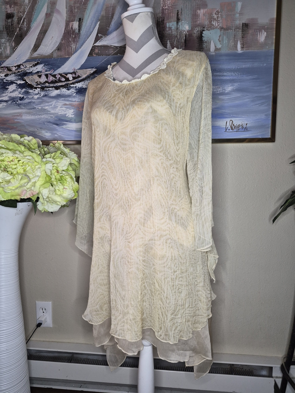 Pretty Angel Light Cream Layered Chiffon Tunic Dress